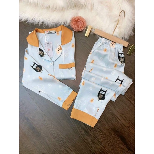 bộ lụa pyzama xanh ngọc họa tiết  mèo
