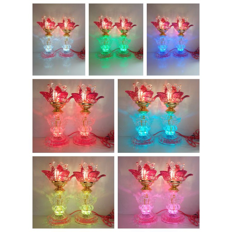 Đèn trang trí, đôi đèn led bàn thờ sen thủy tinh đổi màu ba chức năng cao 25cm - 32cm
