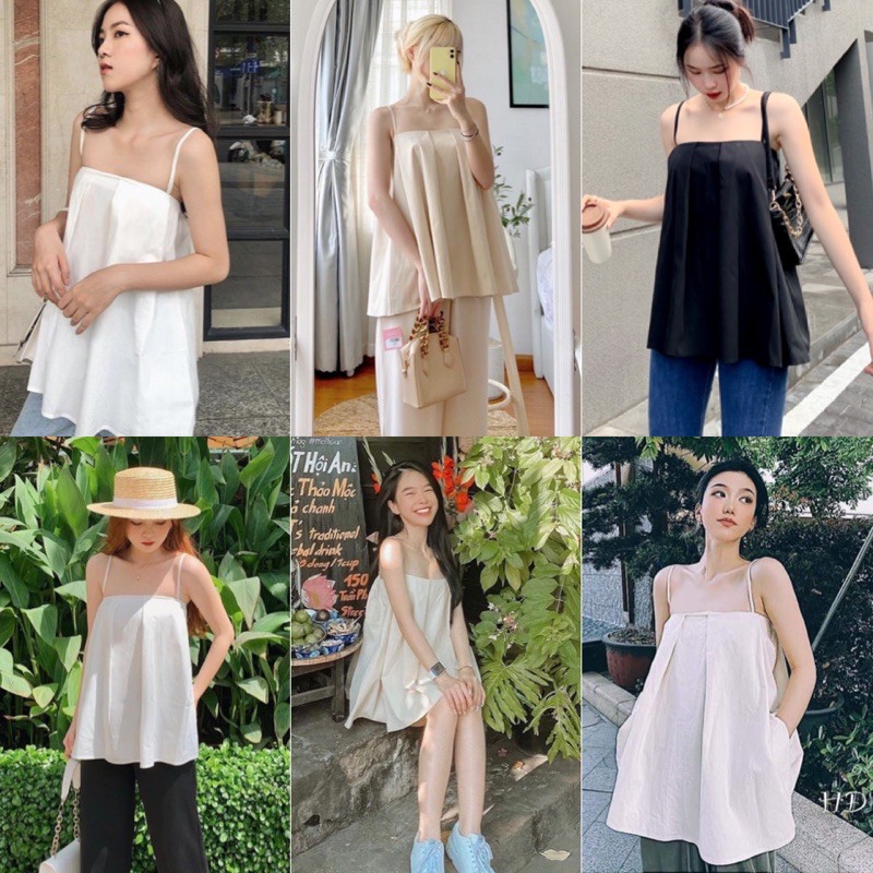 Áo Kiểu HAI DÂY VIN TOP thiết kế xếp li nhẹ form rộng màu sắc style vintage free size