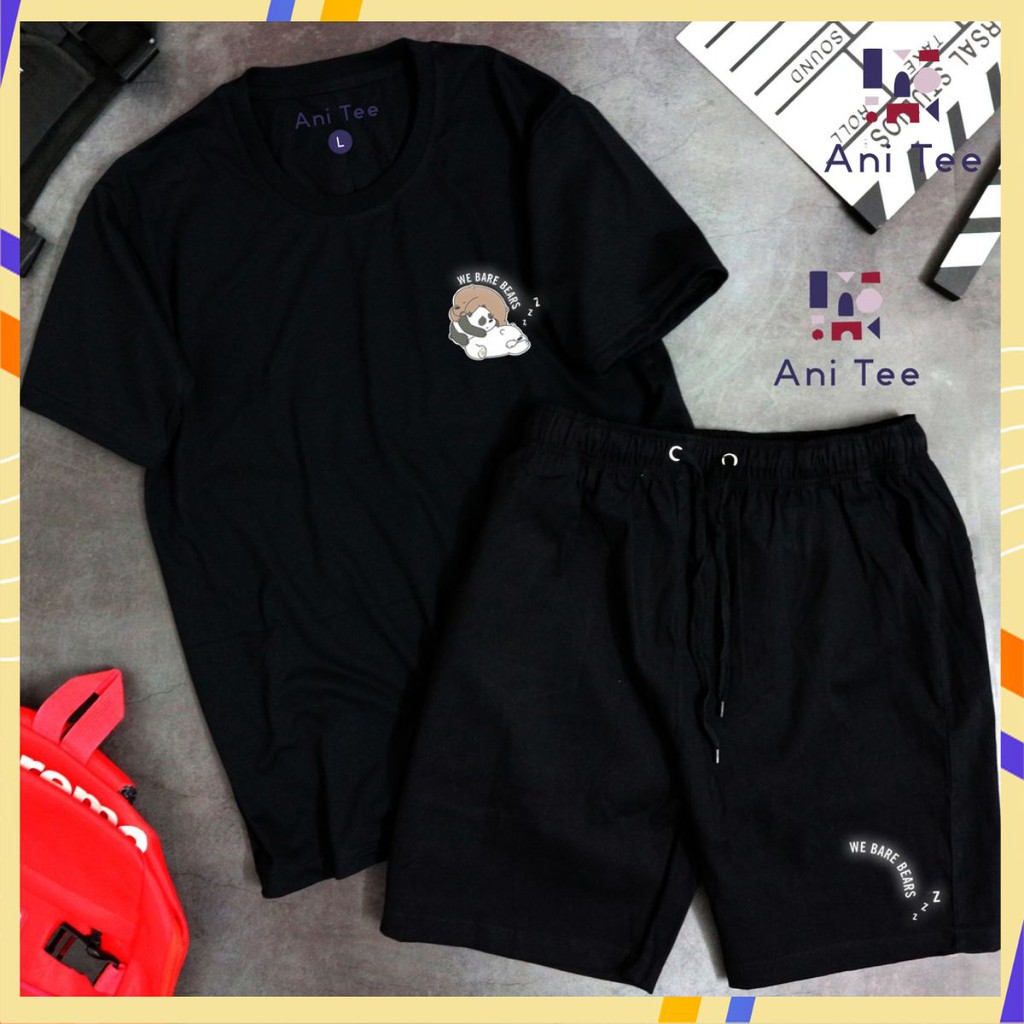 [PREMIUM] [UNISEX] COMBO ÁO THUN COTTON + SHORT KAKI HOẠT HỌA WE BARE BEARS PHẢN QUANG