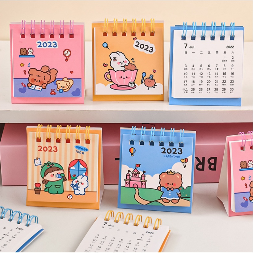 Lịch 2023 mini trang trí nhiều hình sắc màu cute thiết kế sáng tạo có mặt ghi chú phía sau dáng chữ A để bàn tiện lợi