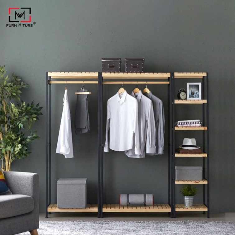 Combo tủ treo quần áo gỗ khung sắt tĩnh điện màu đen cao cấp MW FURNITURE - Combo iron closet - Nội thất căn hộ