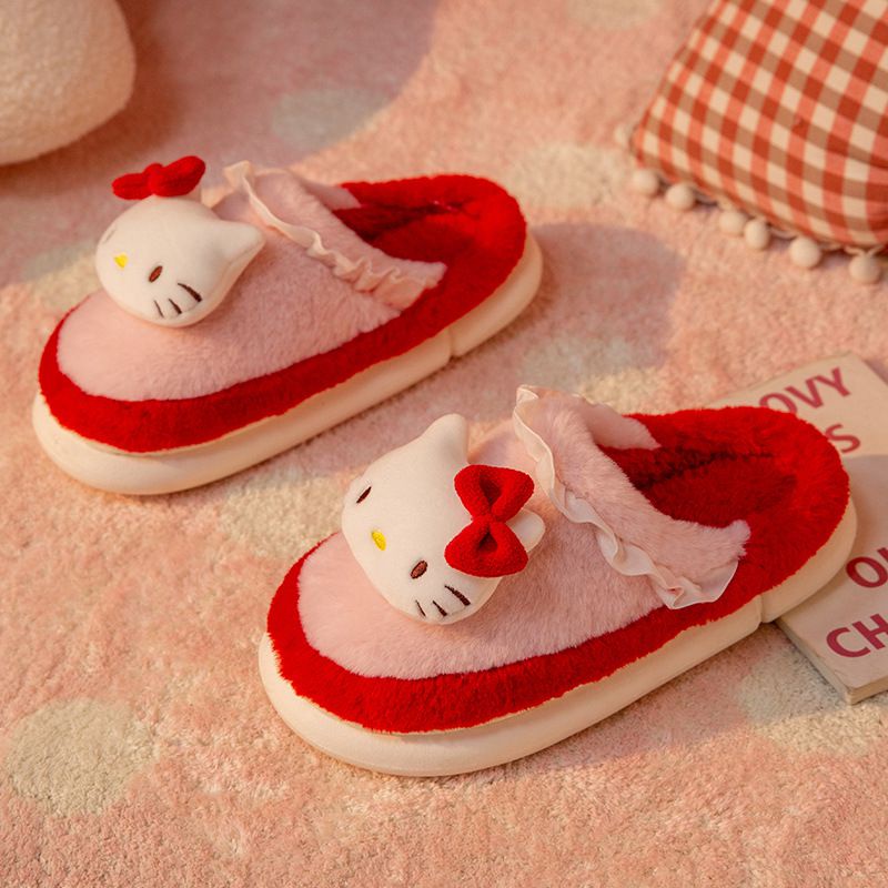 kuromi Women Velvet Slippers Winter Fur Collar Indoor Non Slip Girl Cats Dogs Animal gift