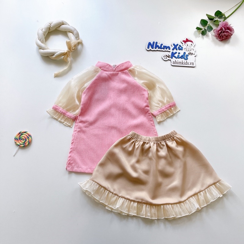 Áo Dài Cách Tân Hồng Phấn Bé Gái 4 Đến 30kg Chất Nhung Tăm Phối Tơ Ánh Nhũ Kèm Mấn