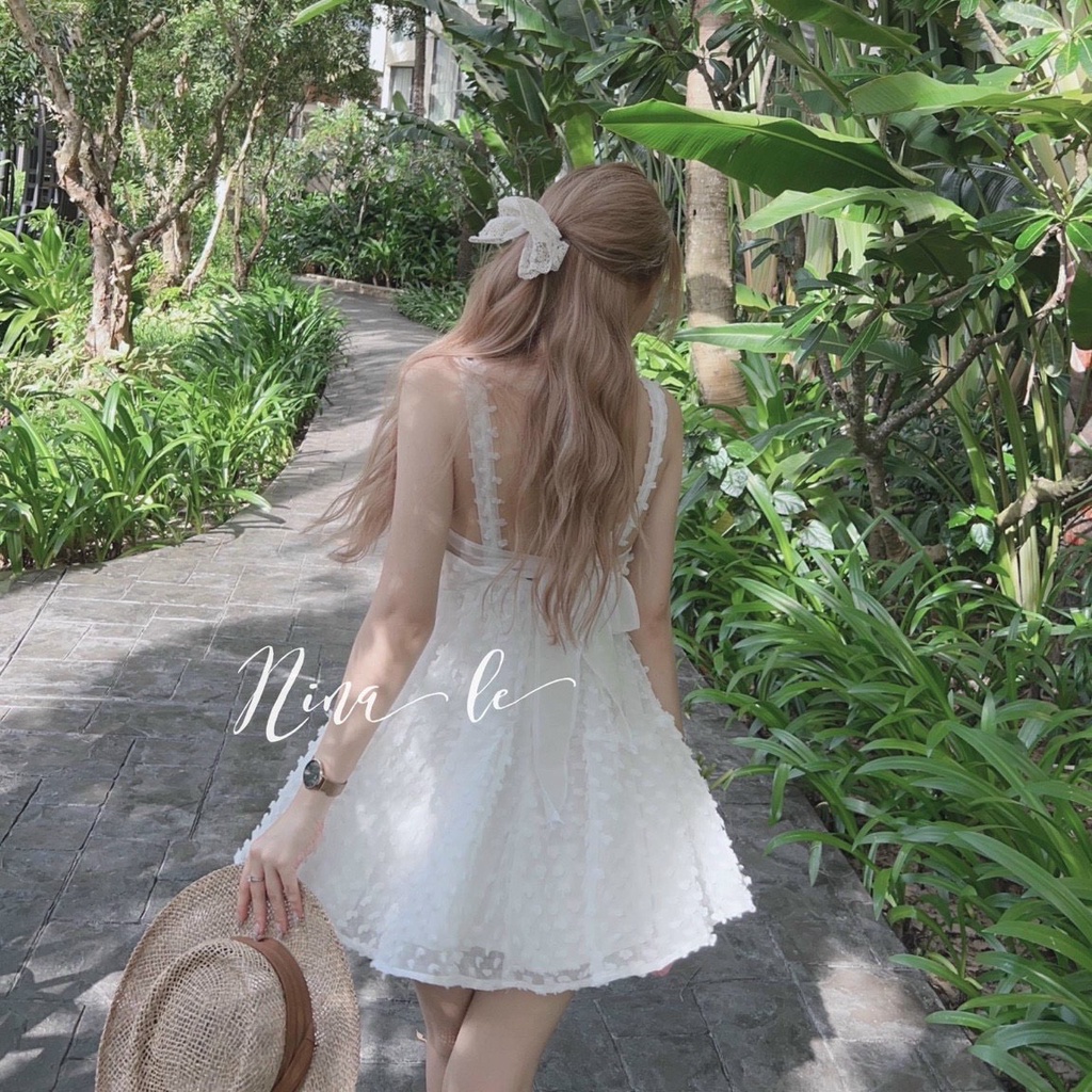 Váy đầm nữ dáng xòe voan lông vũ hai dây nơ lưng dễ thương