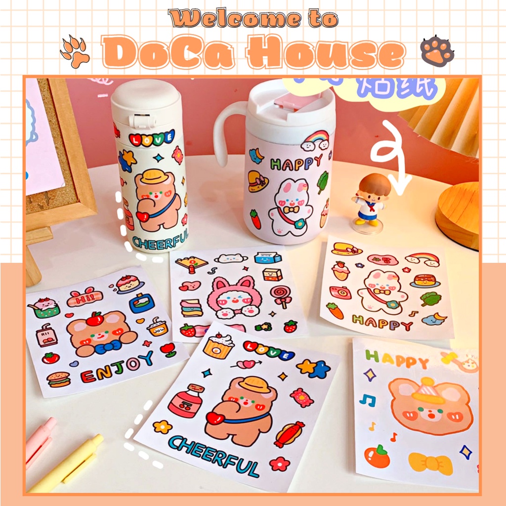 Miếng dán sticker gấu thỏ dễ thương, sticker trong suốt DOCA chống nước trang trí sách vở sổ tay, decor bàn học đồ dùng