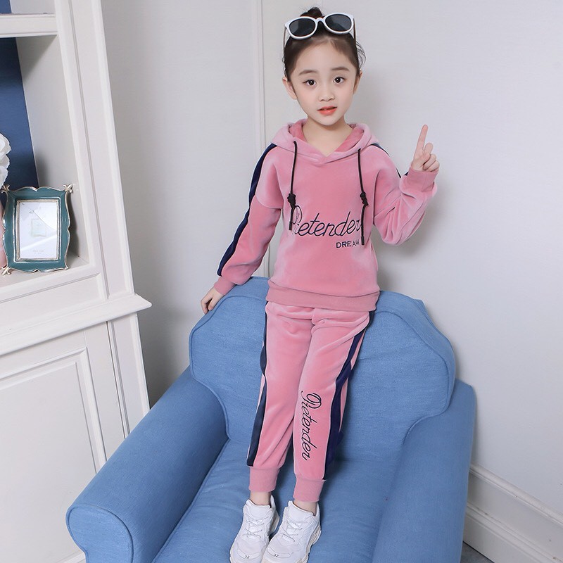 Bộ quần áo nỉ da cá thu đông &quot;DREAM&quot; 18-45kg cho bé gái 4-14 tuổi. Hoodie phối mũ xinh xắn. G33