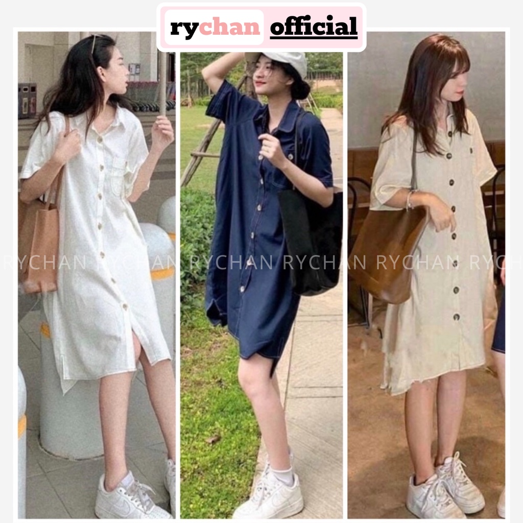 Đầm Nữ Đi Đà Lạt Dáng Sơ Mi Nút Trước Lệch Tà Viền Chỉ Cực Năng Động Màu Trắng Đen Nude [ẢNH THẬT CUỐI] - DX9795