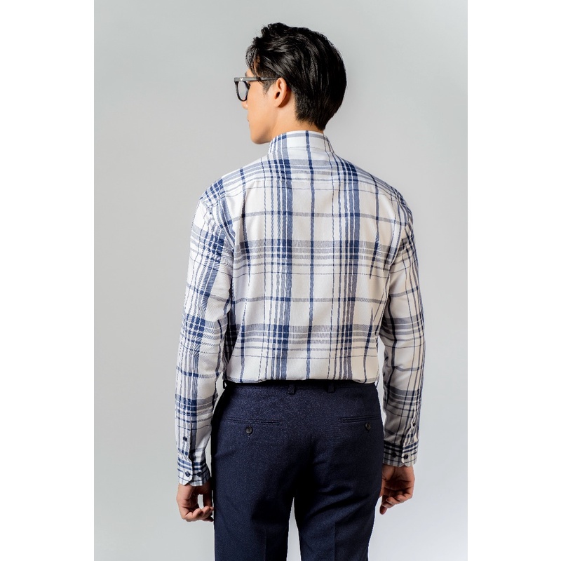 Áo sơ mi nam dài tay OWEN AR23385D somi công sở vải sợi tre cao cấp màu trắng kẻ caro navy dáng suông tà lượn không túi