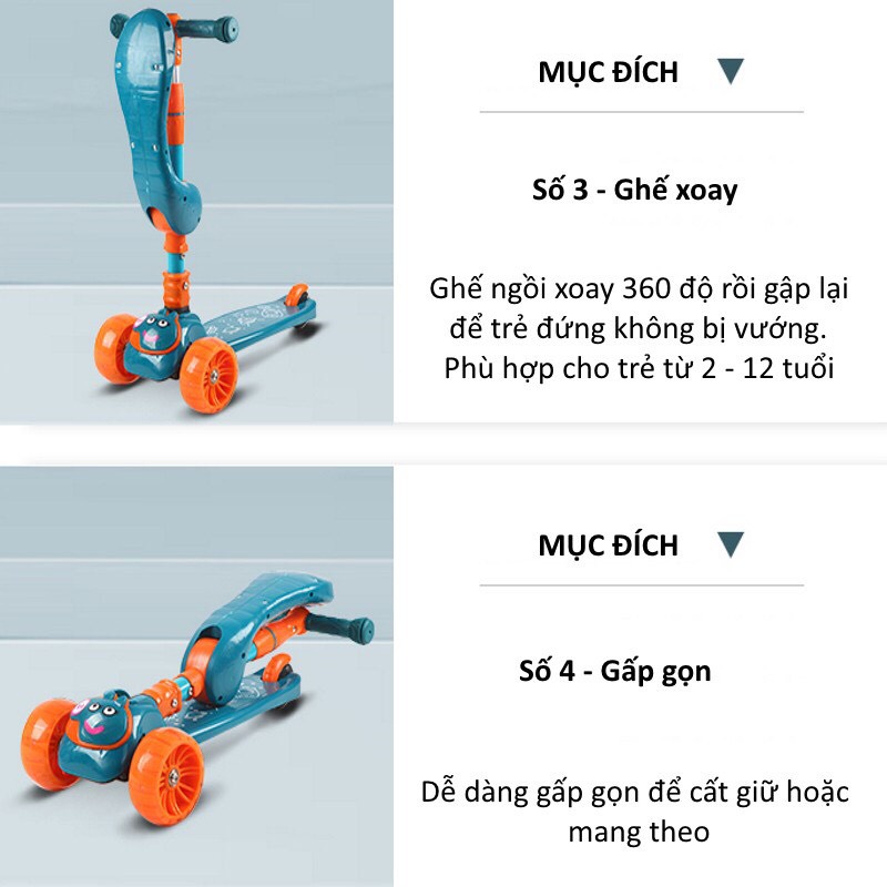 Xe trượt scooter đa năng bánh phát sáng vĩnh cửu gấp gọn cho bé từ 2 đến 12 tuổi xe thăng bằng có nhạc, ghế nhún cho bé