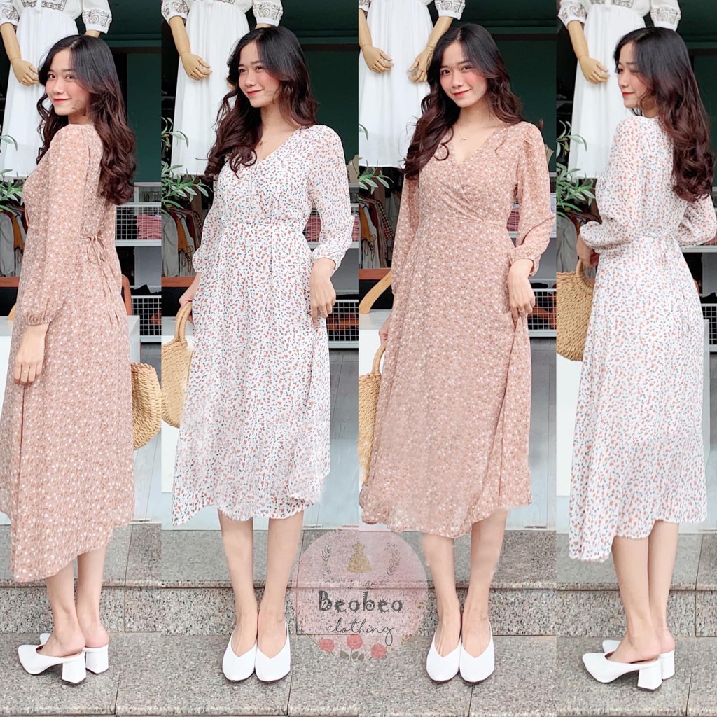 Đầm maxi hoa nhí cổ v thắt nơ eo vintage