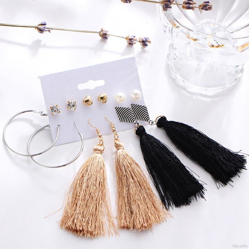 Bông tai dây tua kiểu cách Bohemia đơn giản cho nữ 6 cặp