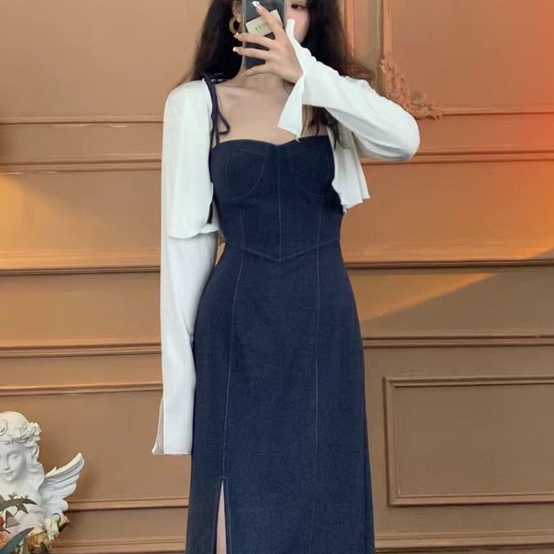 Set Đầm Hai Dây Và Áo Khoác Cardigan Dài Tay Phong Cách Cổ Điển Thời Trang Dành Cho Nữ