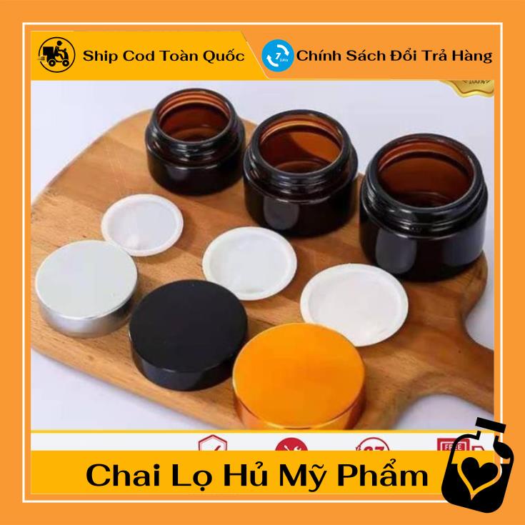 Hủ Đựng Kem ❤ Hũ Chiết Kem Thủy Tinh Nâu 15g,20g Nắp Vàng, Bạc , lọ chiết mỹ phẩm , , phụ kiện du lịch