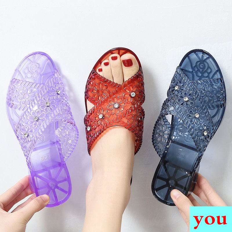 Dép Nhựa Dẻo Đế Xuồng Dày Đính Đá Thời Trang Mùa Hè Cho Nữ