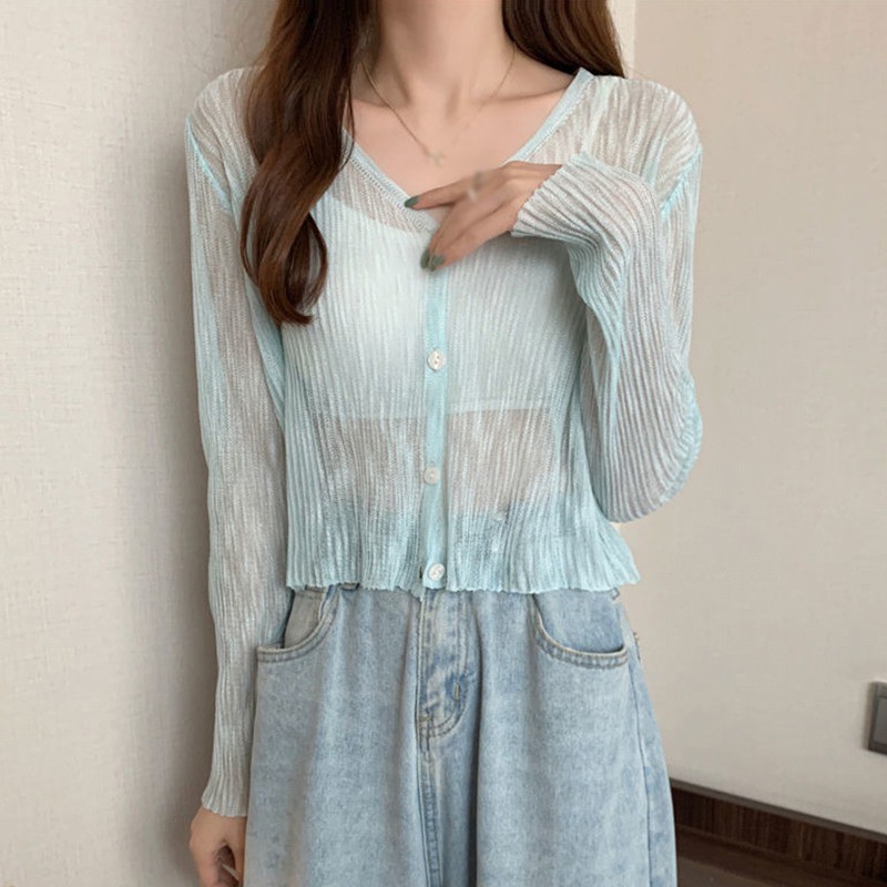 Áo dệt kim tay dài cổ chữ v thời trang mùa hè thích hợp cho nữ