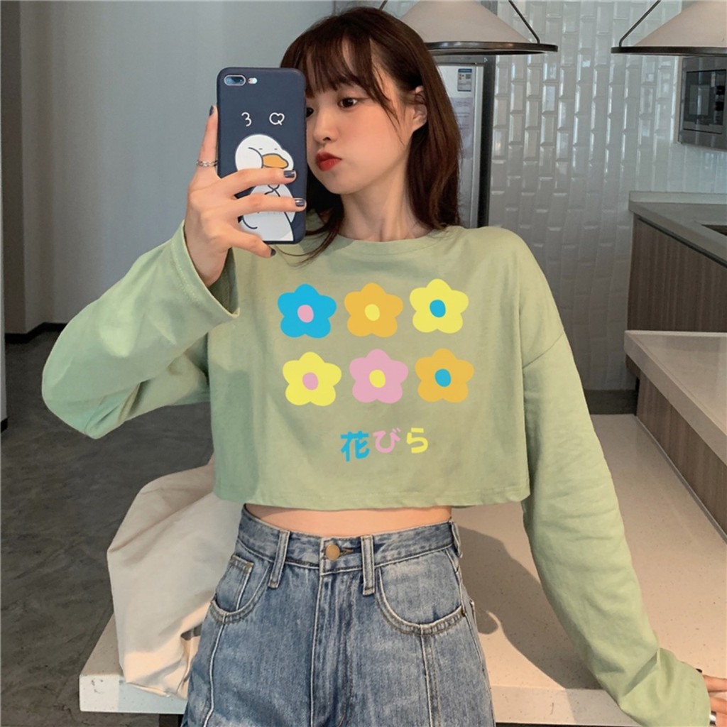 Áo Croptop Nữ Tay Dài In Hình Bông Hoa  Lapi VN Phong Cách Ulzzang  Freesize Phom Rộng, Áo Thun Unisex