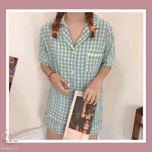 [ Qùa tặng dây cột tóc ] Pyjama nữ hàn quốc caro ngắn tay giá rẻ bộ mặc nhà nữ mùa hè chất liệu kate thái cao cấp bộ ngủ | BigBuy360 - bigbuy360.vn