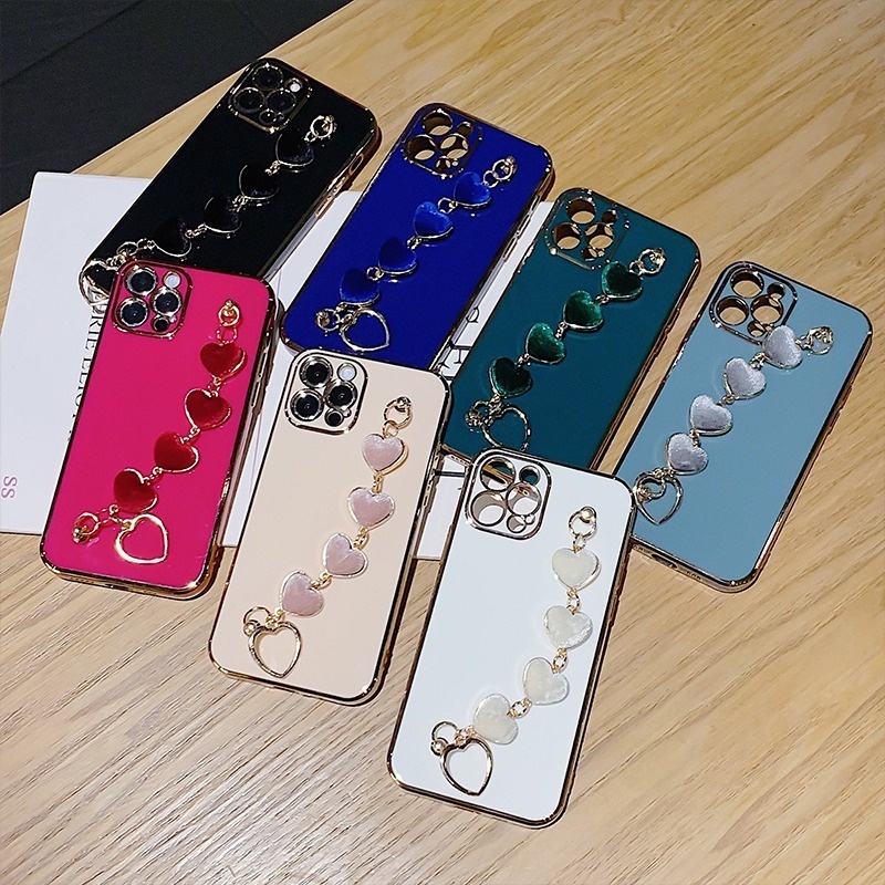 Ốp Điện Thoại Silicon Hình Trái Tim Mạ Viền Sang Trọng Có Dây Đeo Tay Cho iPhone 13 11 Pro Max XR XS 7 8 Plus SE2 12Mini