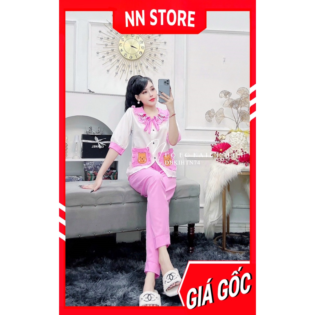 Đồ bộ tiểu thư cho nữ mặc nhà chất kate mềm mịn in hình gấu hoạt hình dễ thương DBKIHTN74