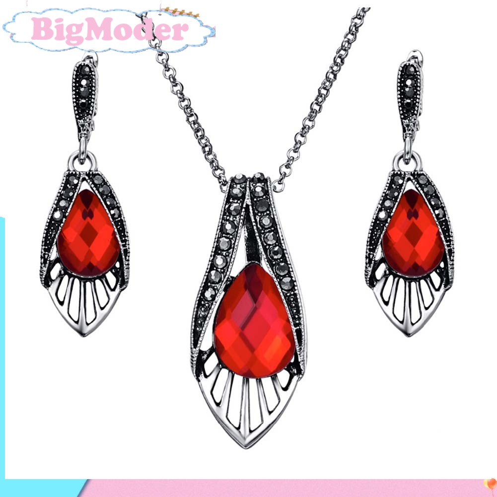 Bộ vòng cổ + Bông Tai Hình Lá Đính Đá Ruby Giả Cho Nữ