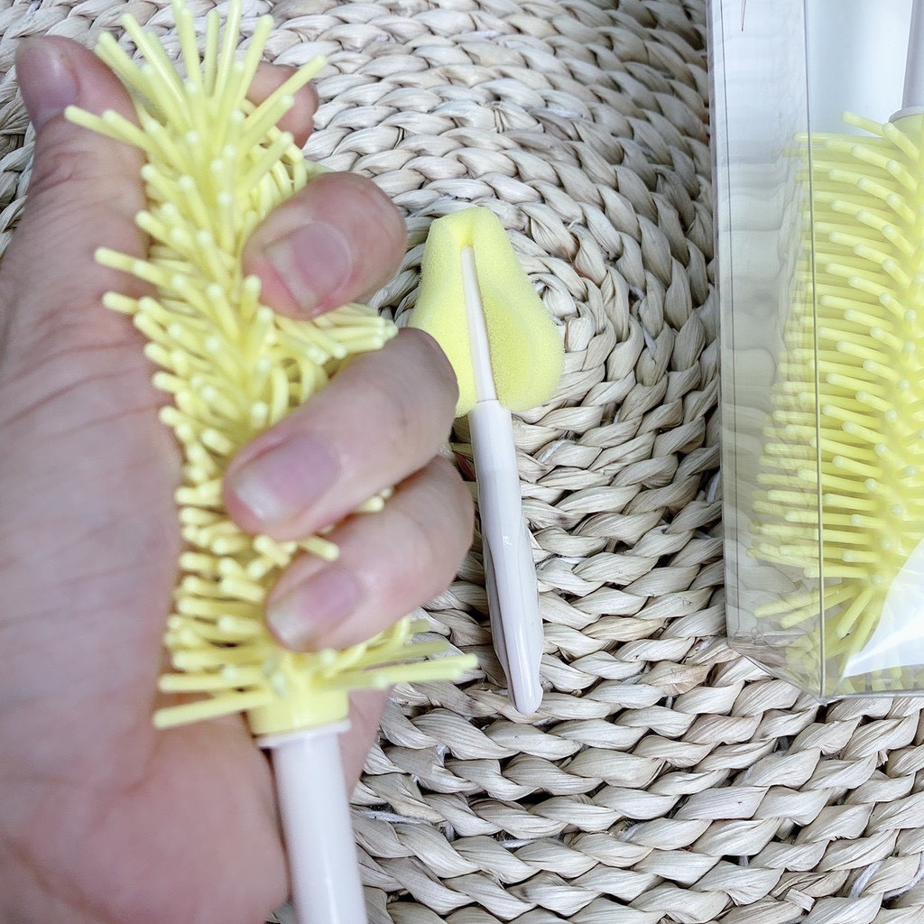 Bộ cọ rửa bình Silicone Moonship - Bottle brush cao cấp 2 chi tiết cho bé, tay cầm xoay 360 độ