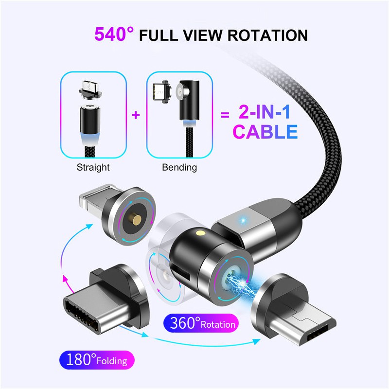 360° + 180° Dây Cáp Sạc Nhanh 2.4A Micro Type C Gắn Đèn LED 3 Trong 1 Xoay Được Tiện Dụng