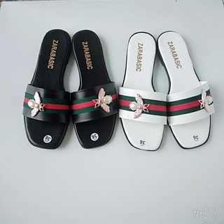 Dép quai ngang phối sọc đính ong