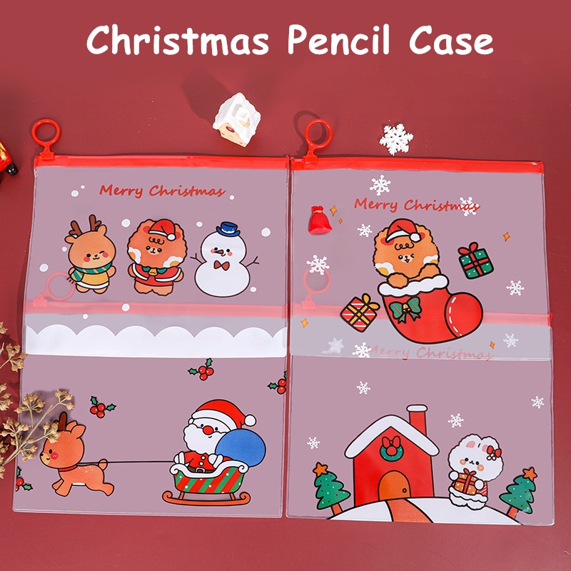 Túi Đựng Bút Trong Suốt Đa Năng Có Khóa Kéo Họa Tiết Hoạt Hình Giáng Sinh Dễ Thương