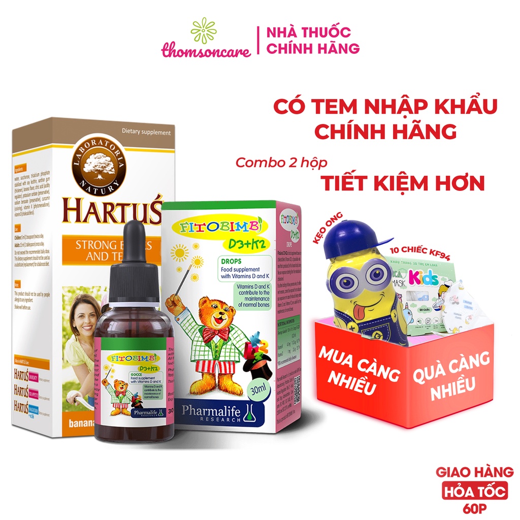 Canxi Hartus và Fitobimbi D3 k2 bổ sung calci và vitamin D3 cho bé từ sơ sinh, giảm còi xương, tăng chiều cao