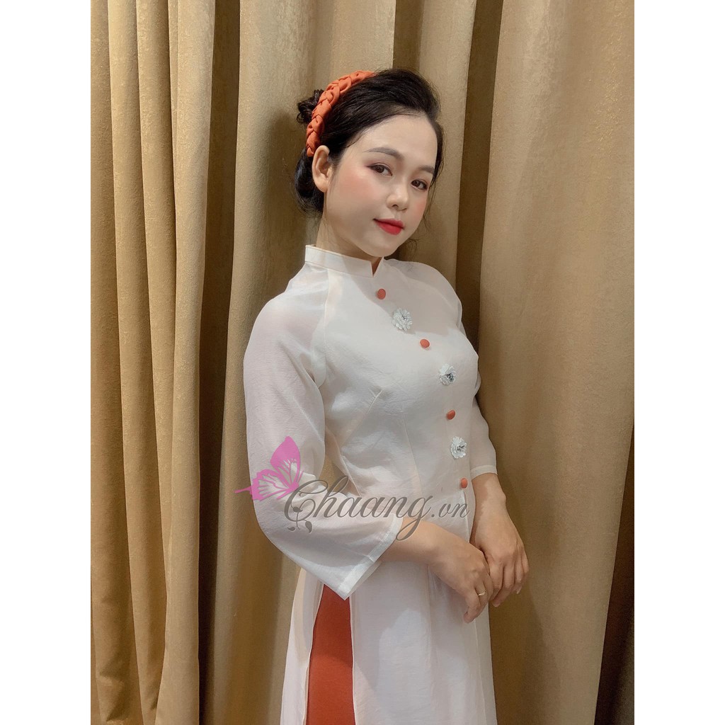 Áo Dài Cách Tân Nữ 4 Tà Xẻ Đính Hoa Cúc May Sẵn Lụa Tơ Da Hồng Gạch Cổ Vuông Tay Lỡ Dự Tiệc Lễ Tết Đẹp