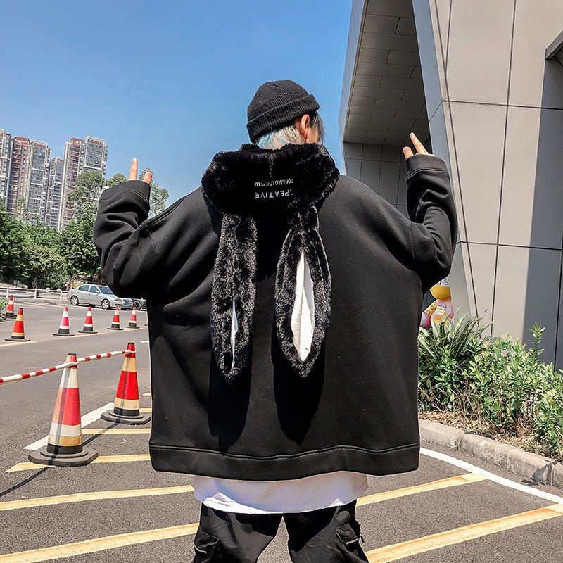Áo hoodie nỉ bông tai thỏ dài siêu to khổng lồ chữ ngực thêu đáng yêu, mũ lông unisex nam nữ