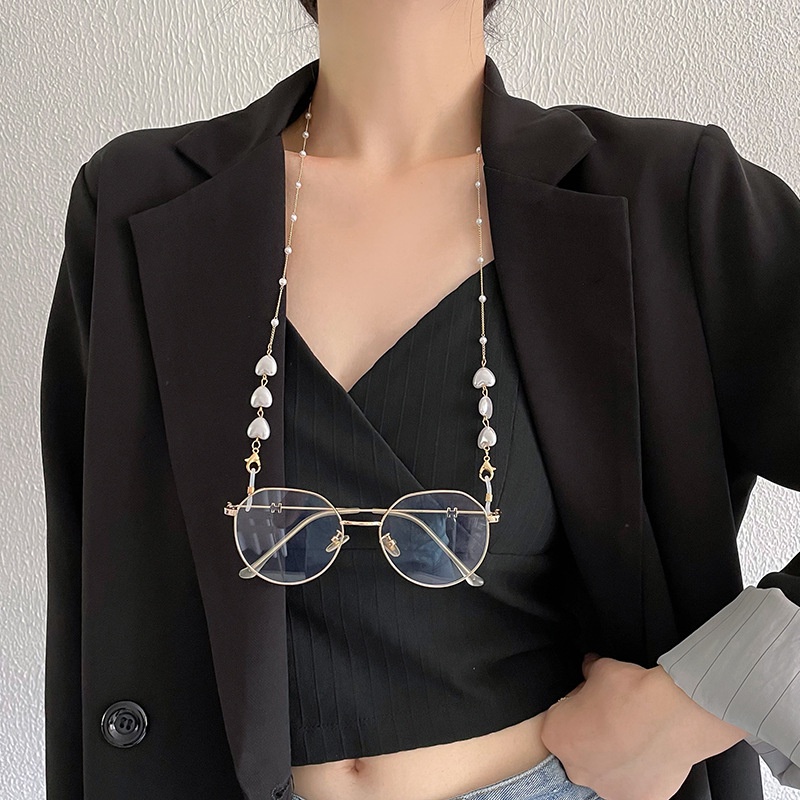 Dây Xích Treo Mắt Kính/Kính Mát Hình Trái Tim Bằng Kim Loại Phối Ngọc Trai Thời Trang Cho Nữ