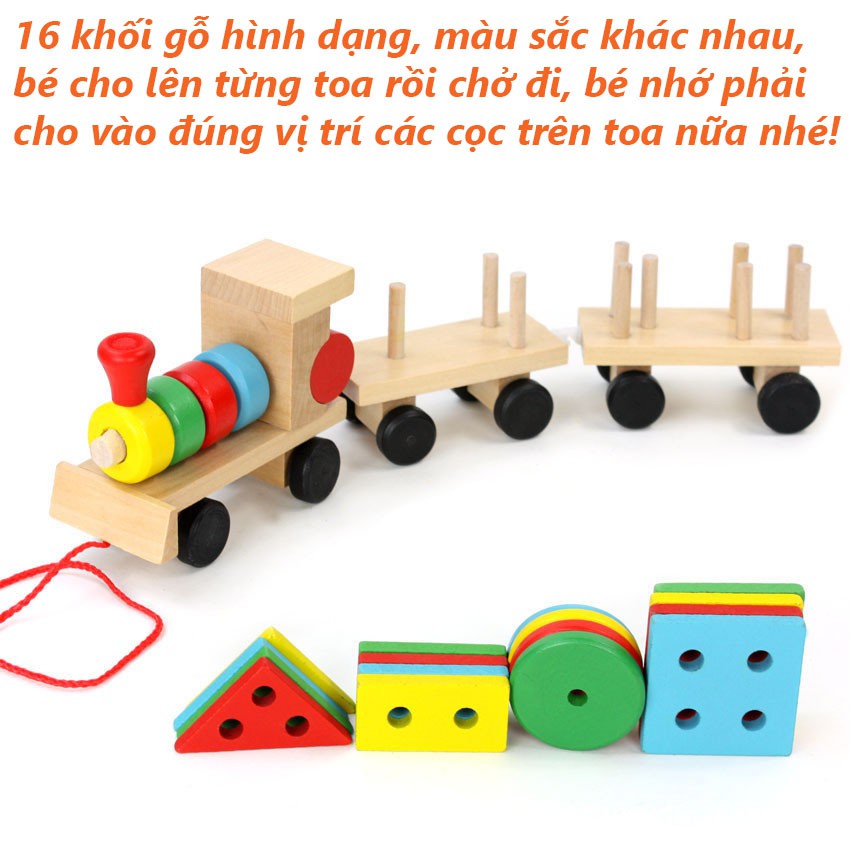 Đồ chơi đoàn tàu hỏa thả hình 16 khối gỗ phát triển tư duy cho bé