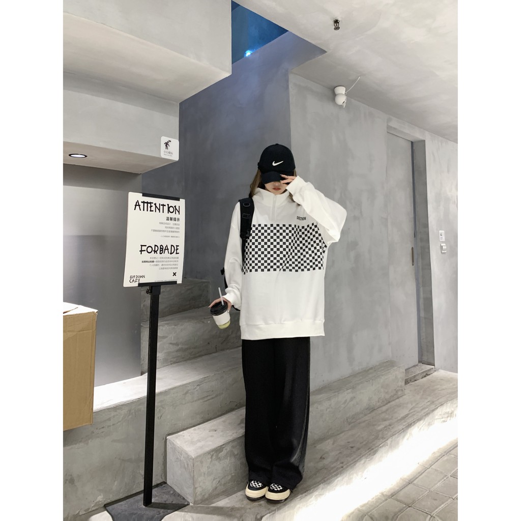 Áo Sweater Nỉ Nữ VIETSTAR áo polo nỉ cổ kéo khoá Ulzzang form rộng Hàn Quốc Ô VUÔNG | BigBuy360 - bigbuy360.vn