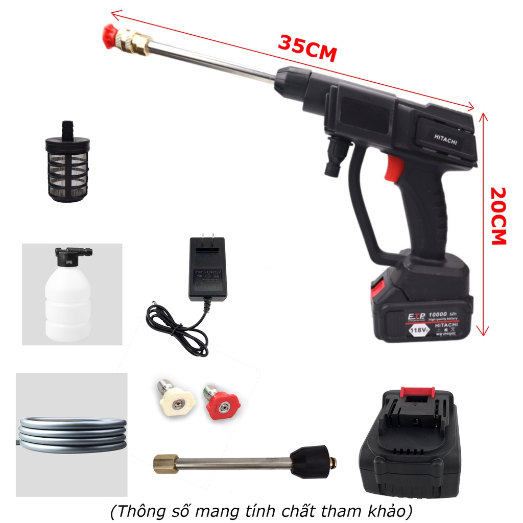 Máy rửa xe Hitachi dùng pin 10 cell nhiều chế độ có kèm bình xịt và ống nước dùng gia đình