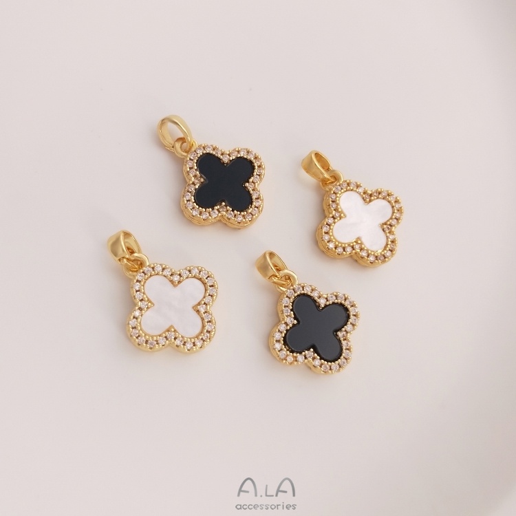 █A.ιA゜14K Vàng●〔 1 Cái〕°Mặt Dây Chuyền Hình Cỏ Bốn Lá Màu Đen Trắng 18K Đính Đá Zircon