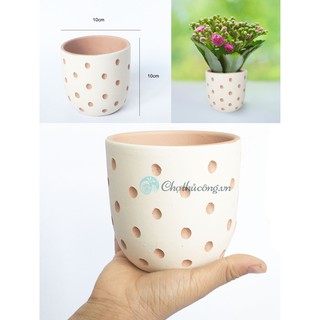 Chậu đất nung họa tiết lỗ tròn vintage KT 10x10cm, chậu trồng cây cảnh sen đá xương rồng decor trang trí