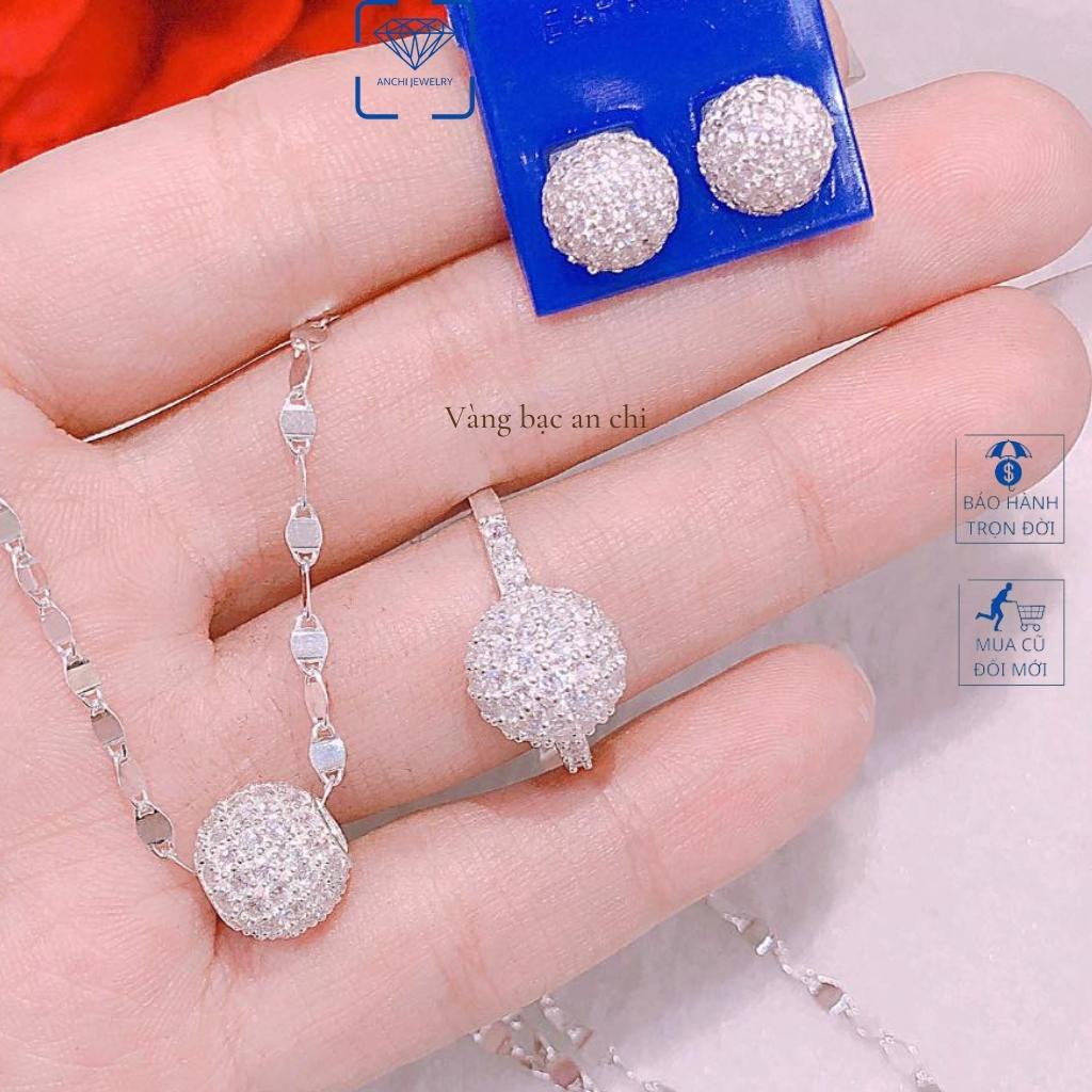 Bộ dây chuyền - nhẫn - bông tai mặt cầu tròn đính đá, chuẩn bạc ta bóng đẹp, Anchi jewelry