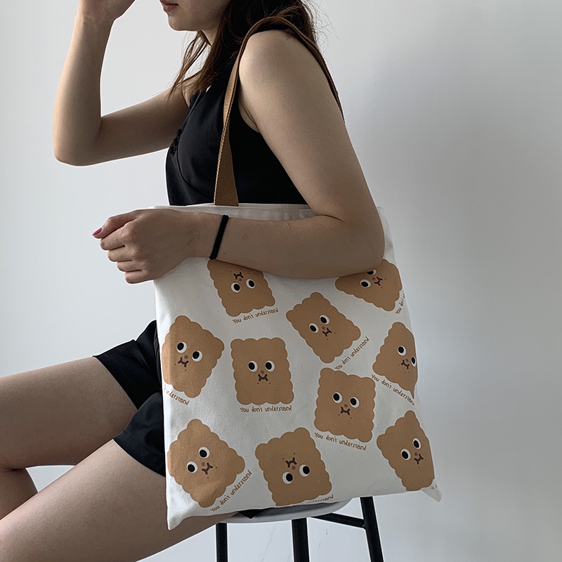 Túi tote vải canvas đeo vai họa tiết bánh quy dễ thương