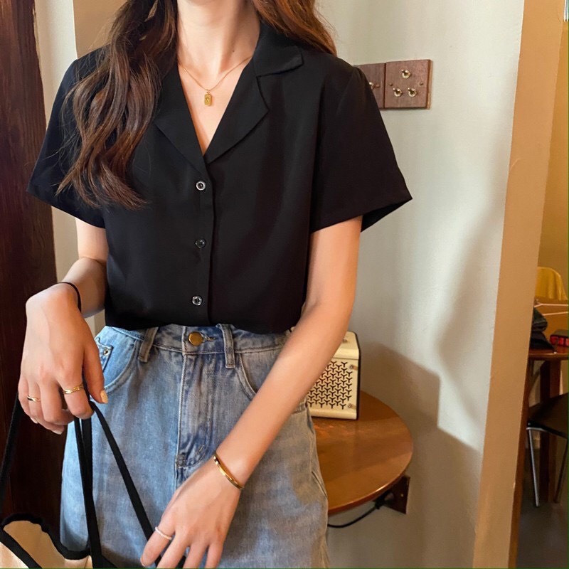 Áo sơ mi nữ đũi Hàn tay ngắn cổ vest mềm mịn thoái mái freesize
