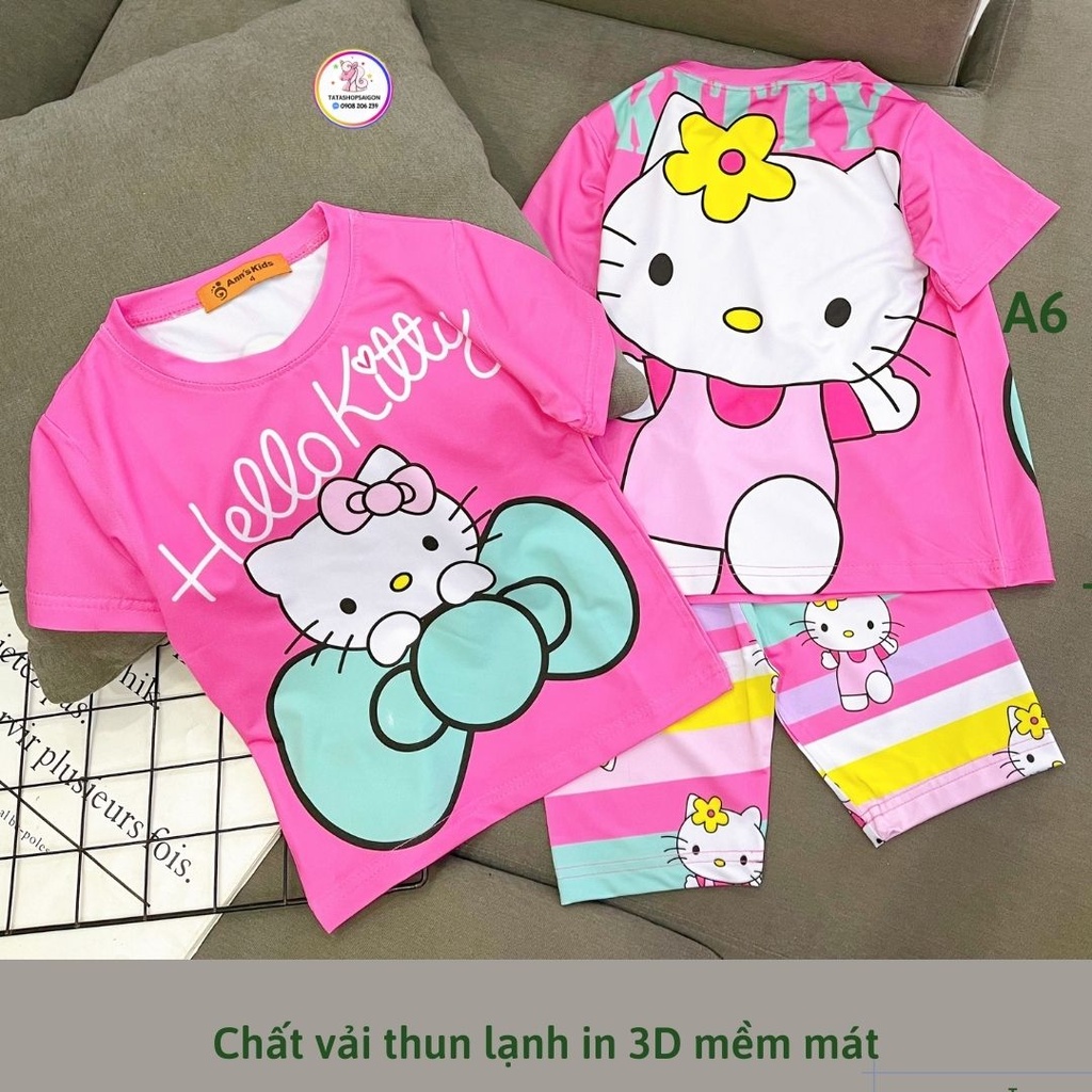 A6 Bộ thun lạnh ngố in 3D mặc nhà bé gái size đại 22 đến 40kg