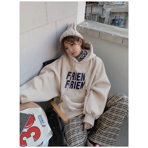 Áo Hoodie Dáng Rộng Tiệm Vải Xinh Áo Hoodie Nữ Tay Rộng Lót Bông Dáng Rộng Chữ Frien Mũ 2 Lớp