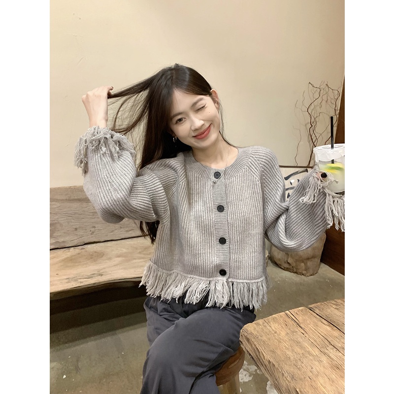 Áo khoác sweater DIDIKA dệt kim dáng rộng màu xám phối tua rua thời trang mùa thu dành cho nữ