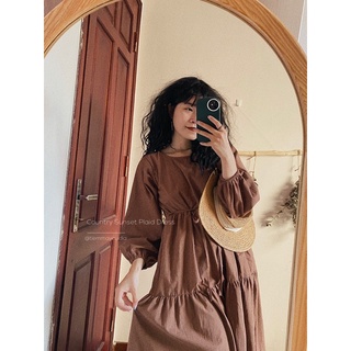 Váy babydoll nhiều tầng kẻ caro nhí nâu dáng dài buộc nơ sau lưng (video tự quay)