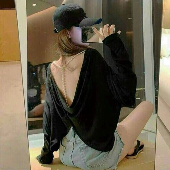 Áo thun tay dài kiểu phối dây ngọc lưng lạ