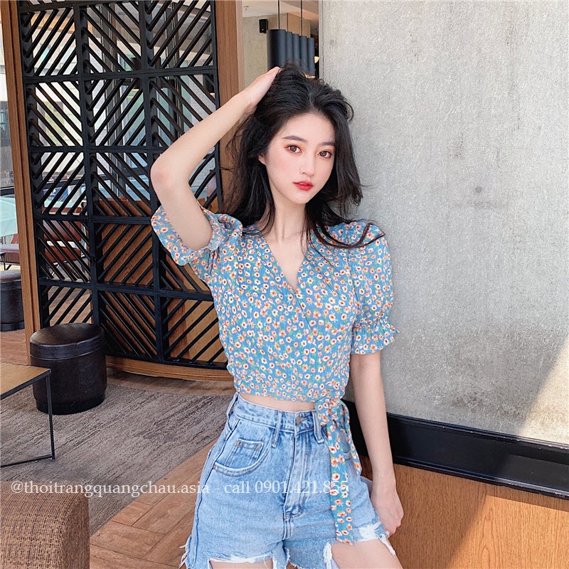 Áo Croptop Hoa Nhí Xanh Bo Eo “Phong Cách Hàn Quốc” Mã QC65