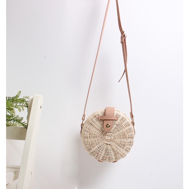 Túi Mây Đeo Chéo Quai Da Hộp Tròn, Túi Cói Mini Đi Biển Vintage Có Lót Vải Đẹp Xuất Sắc