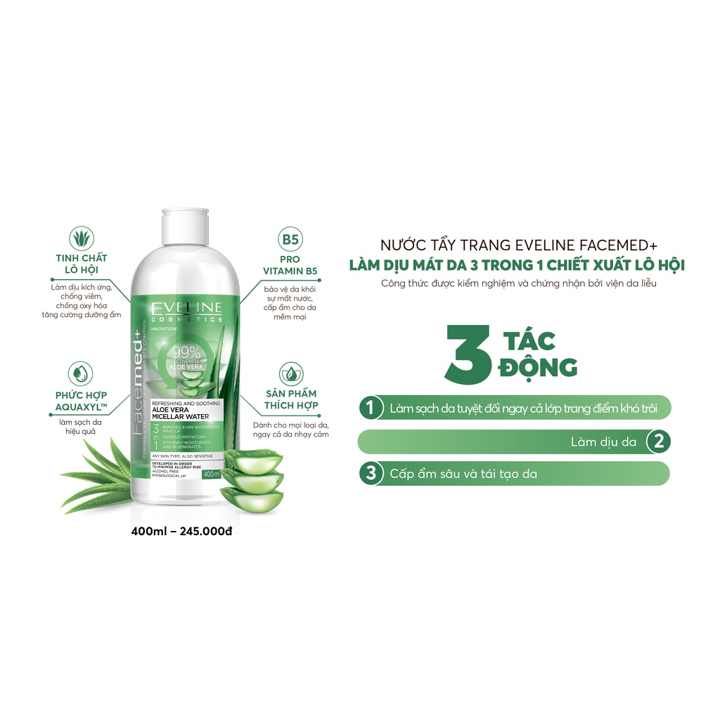 Nước Tẩy Trang Làm Dịu Mát Da Chiết Xuất Lô Hội Facemed + Eveline 400ml