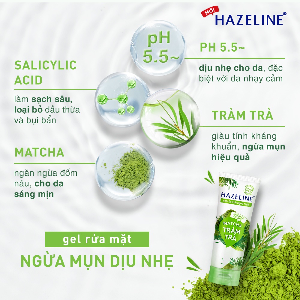 Combo 2 tuýp Gel rửa mặt ngừa mụn Hazeline Matcha Tràm Trà 100g